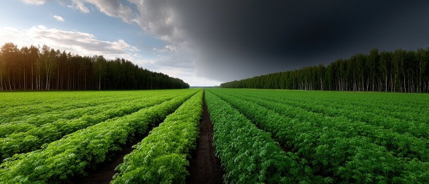 Wide angle view of a green field with rows of young plants under a changing sky with sunlight and storm clouds in the distance
