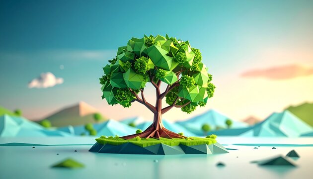 3d geometric tree growing from floating island in futuristic nature landscape at sunrise