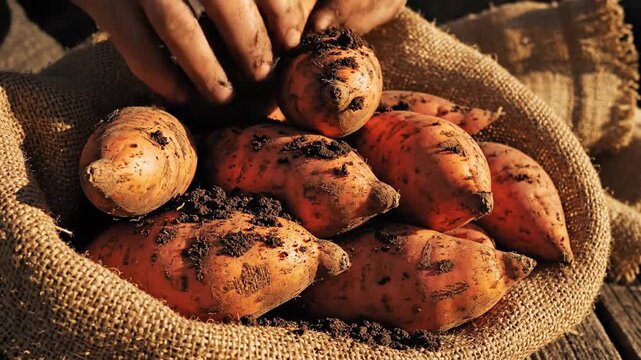 Fresh Orange Sweet Potatoes with Soil in Burlap Sack