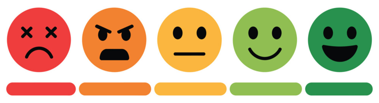 Feedback scale icon set with five emoticons from sad to happy, survey rating symbols, customer satisfaction scale, mood evaluation concept, modern vector icons perfect for questionnaires, apps, and us
