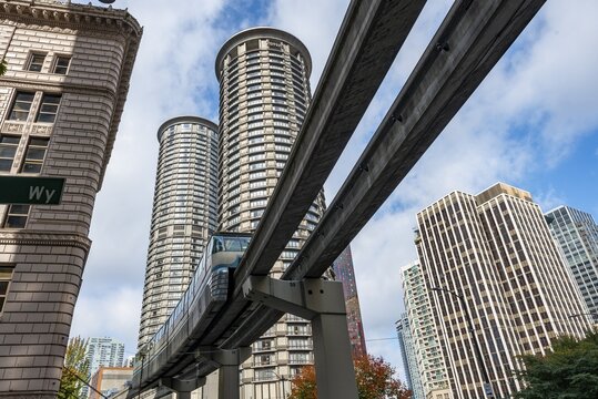 Monorail rail, skyscrapers and downtown, Seattle Center, Seattle, Washington, USA