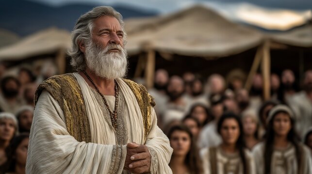 Moses addresses Israel outside the Tabernacle at sunset, his aged authority and the silent assembly revealing covenant duty, unity, and moral resolve.
