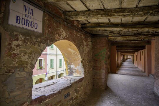 Historic portico Via del Borgo o degli Asini, Brisighella, Province of Ravenna, Italy