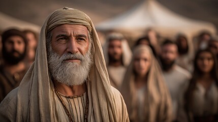 Obraz premium Moses addresses Israel outside the Tabernacle at sunset, his aged authority and the silent assembly revealing covenant duty, unity, and moral resolve. 