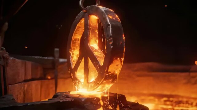 Furnace glow causing peace-symbol pendant hanging on hook glowing and dripping drops over forge