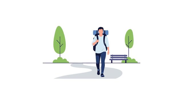 Vector animation of a man with camping gear walking among the trees for traveling and hiking designs