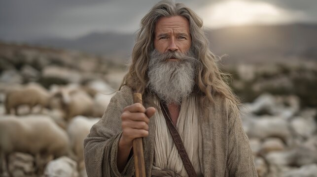 Moses, aged and weathered, leads sheep across Midian&rsquo;s rocky terrain, staff in hand, as warm light reveals quiet preparation, humility, and a life shaped in solitude.
