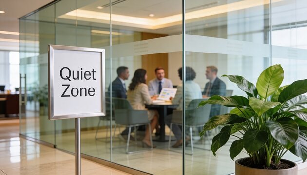 Quiet zone sign in foreground of a modern corporate office. Diverse business team having a meeting in a glass conference room. Hospitality operations and professional workspace concept