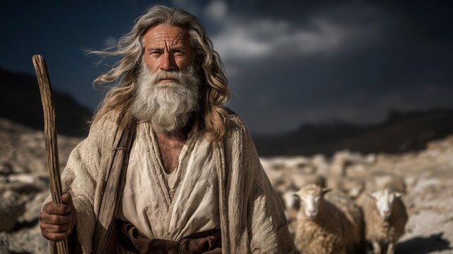 Moses, aged and weathered, leads sheep across Midian&rsquo;s rocky terrain, staff in hand, as warm light reveals quiet preparation, humility, and a life shaped in solitude.
