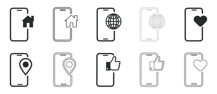 A set of vector icons depicting mobile phone symbols for navigation, social media, and location on a clean white background