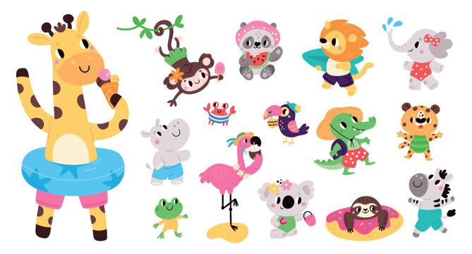Cute cartoon animals on beach. Funny fauna characters in swimsuits and shorts. Summer vacation at seaside. Cute flamingo. Happy giraffe in bikini. Sea swimming. Traveling vector set
