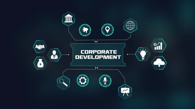 Corporate development concept with glowing hud interface and digital business icons.