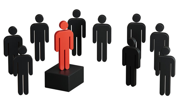 3D illustration of Wooden doll.Leadership concept, wooden business team with one person standing out from the crowd on podium.Supports PNG files with transparent backgrounds.