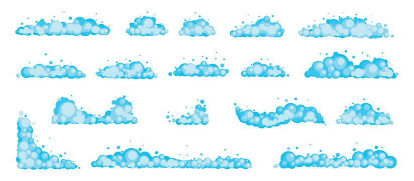 Cartoon soap foam with blue bubbles in flat style. Shower detergent suds. Soapy border. Cosmetic mousse or cleanser. Shampoo balls. Cleaning toiletry. Laundry lather. Vector elements set