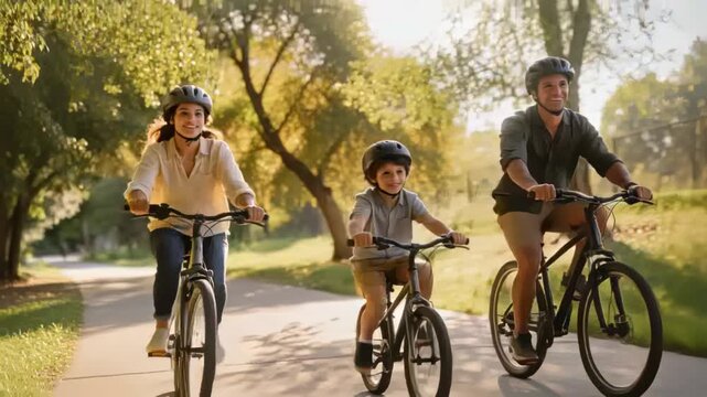 Pedaling mother, child, father starting ride, keeping pace toward camera on park path with helmets
