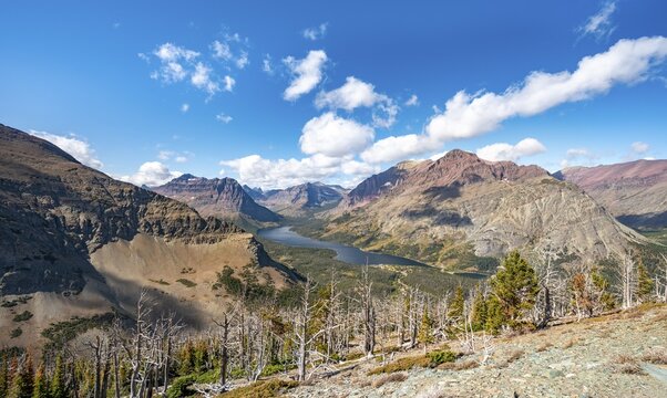 View of Two Medicine Lake, hiking trail to Scenic Point, Glacier National Park, Montana, USA