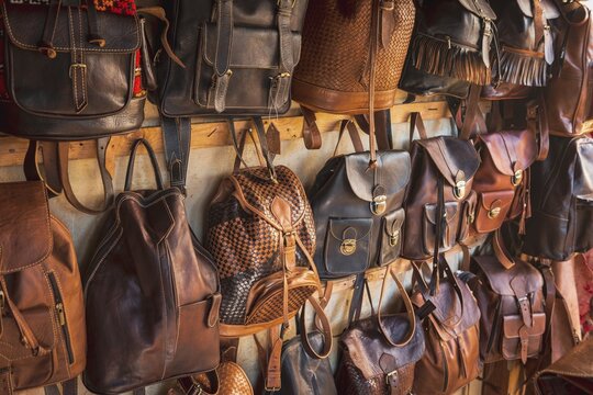 Leather bags, Backpacks for sale, Dyeing, Tannerie Chouara Tannery, Gerber and Dyer's Quarter, F&eacute;s el Bali, Fez, Morocco
