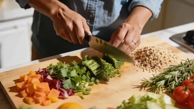 Placing herbs, denim ringed hands mincing with chef's knife on wood board in kitchen preparing meal