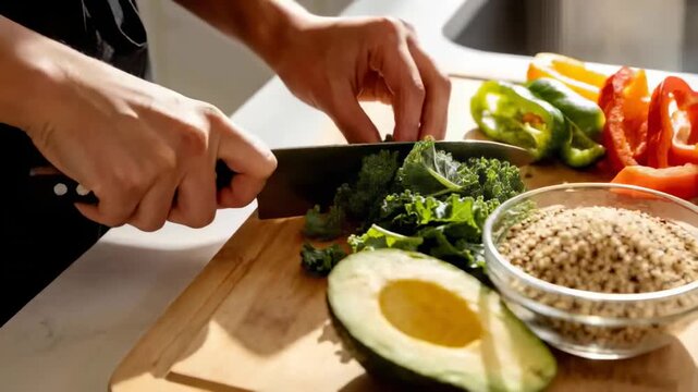 Chopping hands wearing apron starting prep, steadying and slicing kale on board with knife, avocado