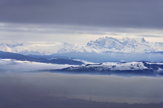 Fog over Lake Zug in the foreground the village of Cham, behind the snow-covered Alps with the Fl&uuml;brig and Vrenelisg&auml;rtli mountains. Beinwil, Freiamt, Horben, Lindenberg, Canton of Aargau, Switzerland