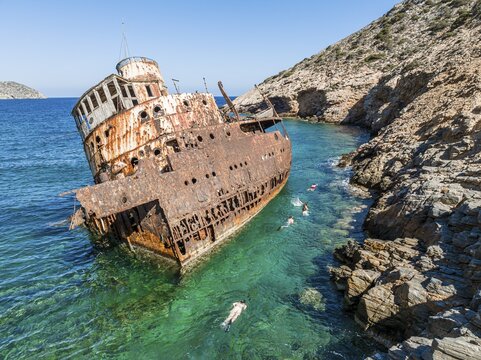 Aerial view, snorkellers at the shipwreck Olympia, Amorgos, Cyclades Island, Aegean Sea, Greece
