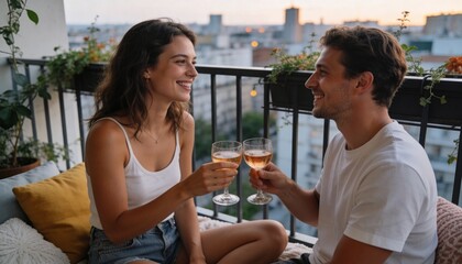 Obraz premium Young couple toasting with wine on a city balcony at sunset. Romantic date night in an urban apartment. Man and woman celebrating together during golden hour