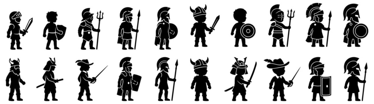 A collection of stylized simplified black silhouettes of various historical warrior characters holding weapons and shields icon medieval knight samurai viking gladiator spartan