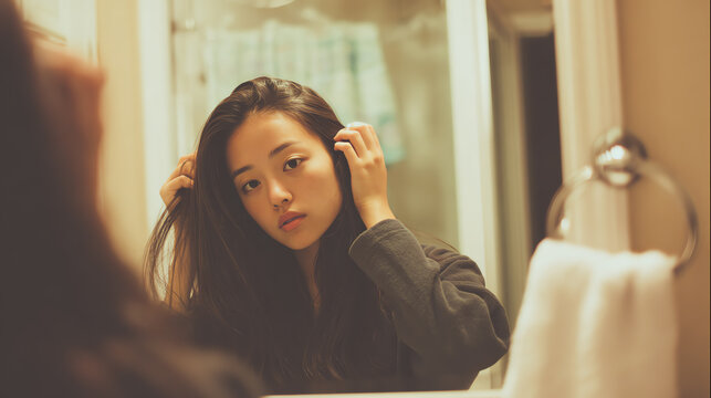 A young woman adjusts her hair while looking in the mirror, capturing a moment of self-reflection in a cozy environment.