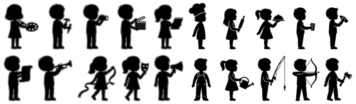 Collection of black silhouettes depicting children engaged in various professions and hobbies holding tools and objects related to their activities boy girl set icons people
