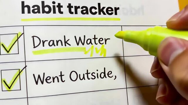 Marking right-hand entering with yellow marker on habit tracker at desk, confirming green checks