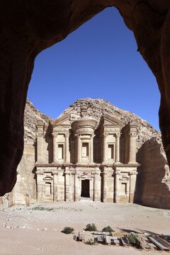 Ad Deir Monastery carved out of the rock on a high plateau, Wadi Araba, Wadi Mousa in the background, Petra, ancient capital of the Nabataeans, UNESCO World Heritage Site, Kingdom of Jordan