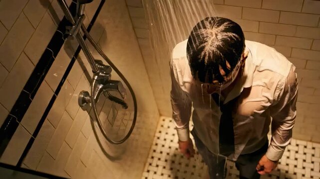 Standing adult man remaining under shower running at small stall, soaking white shirt and dark tie