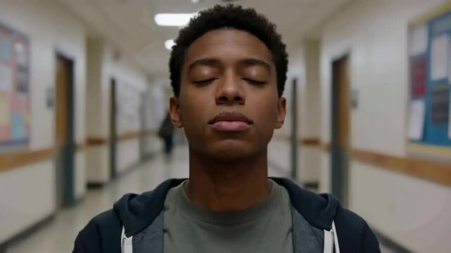 Inhaling and composing Black teen in hoodie lifting chin as backpack-clad peer walking by school