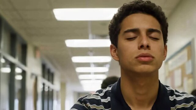 Inhaling teenage male student preparing to speak in long school corridor, wearing striped polo