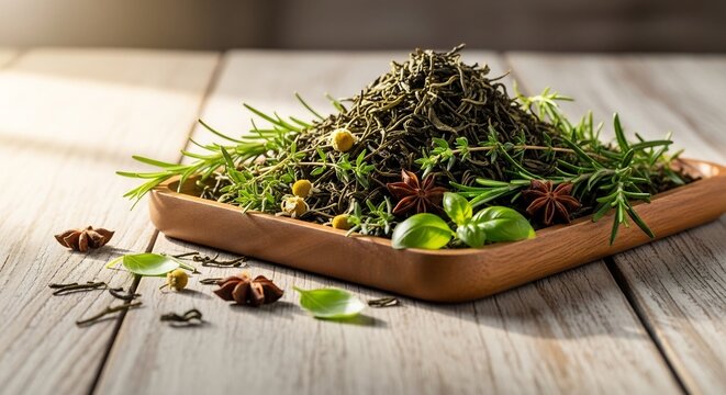Aromatic Herb and Spice Medley Displayed on a Rustic Wooden Tray Closeup.