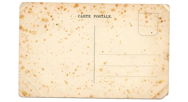 Vintage postcard with stains and textures against a white background copy space