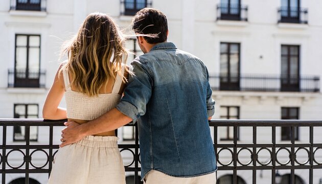 Back view of a young couple standing on a balcony. Man with arm around woman looking at city building. Romantic vacation and travel concept
