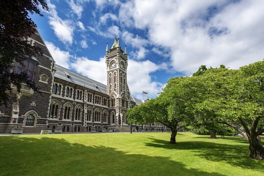 Old neo-gothic main building with bell tower, University of Otago, Dunedin, Otago region, New Zealand
