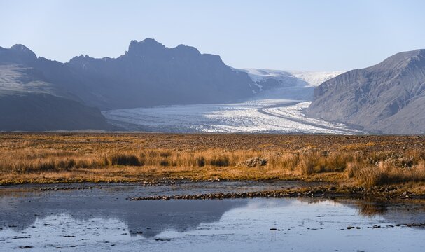 View of glacier tongues and mountains, glacier tongues on Vatnaj&ouml;kull glacier, Mount Krist&iacute;nartindar, Vatnaj&ouml;kull National Park, Austurland, Iceland
