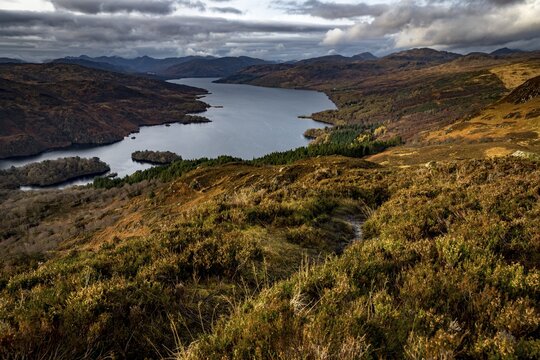Autumn Highland Landscape, in the background Loch Katrine and the Highlands, Trossachs National Park, Glasgow, Scotland, United Kingdom