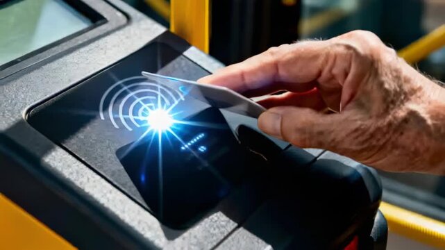 Tapping senior right hand holding NFC card on bus reader with blue glow appearing, paying fare