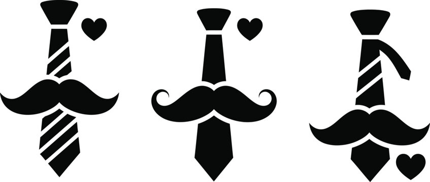 mustache and tie icons with hearts on white background