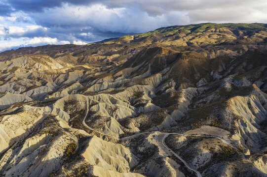 Bare ridges of eroded sandstone in the Tabernas Desert, aerial view, drone shot, Almeria province, Andalusia, Spain