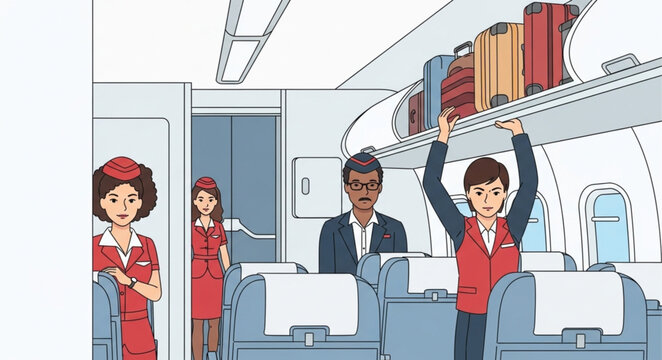 Airline flight attendants serving passengers.