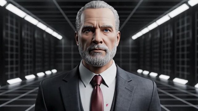 A futuristic scene of a senior corporate man in a suit standing in a sci-fi corridor. His face and body experience a sudden digital glitch, exploding into colorful pixels before reforming.