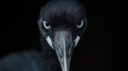 Fototapeta premium Close-up portrait of a crane bird against dark background. Possible use Nature photography, wildlife