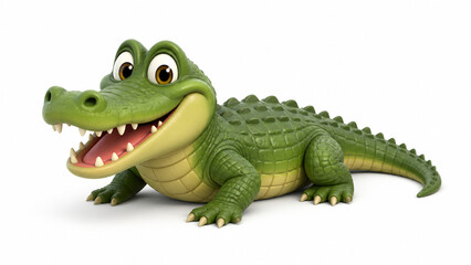 Fototapeta premium Cute Smiling Green Alligator Character with Open Mouth, Funny 3D Cartoon Crocodile Isolated on White Background