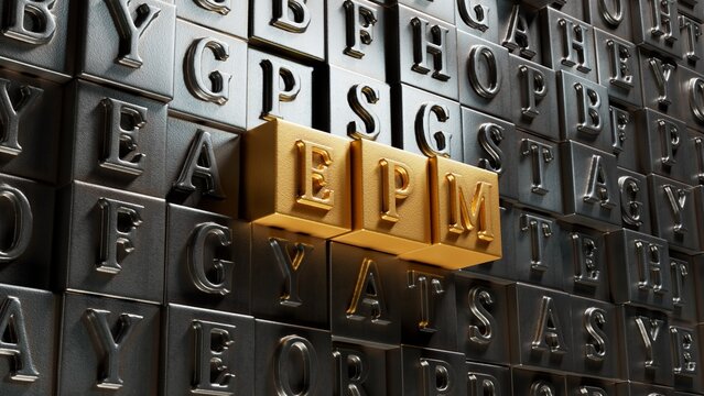 epm sign on Movable type printing and magnifier.close up of Movable type printing,Business Concept.3D rendering.