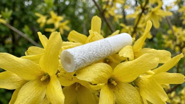 A detailed macro of an unbranded cigarette filter nestled in a bed of yellow forsythia blossoms, crisp texture and soft petals, quiet environmental contrast, ultra-realistic, no logos.
