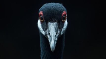 Fototapeta premium Close-up crane portrait, dark background, wildlife photography, possible use for nature prints